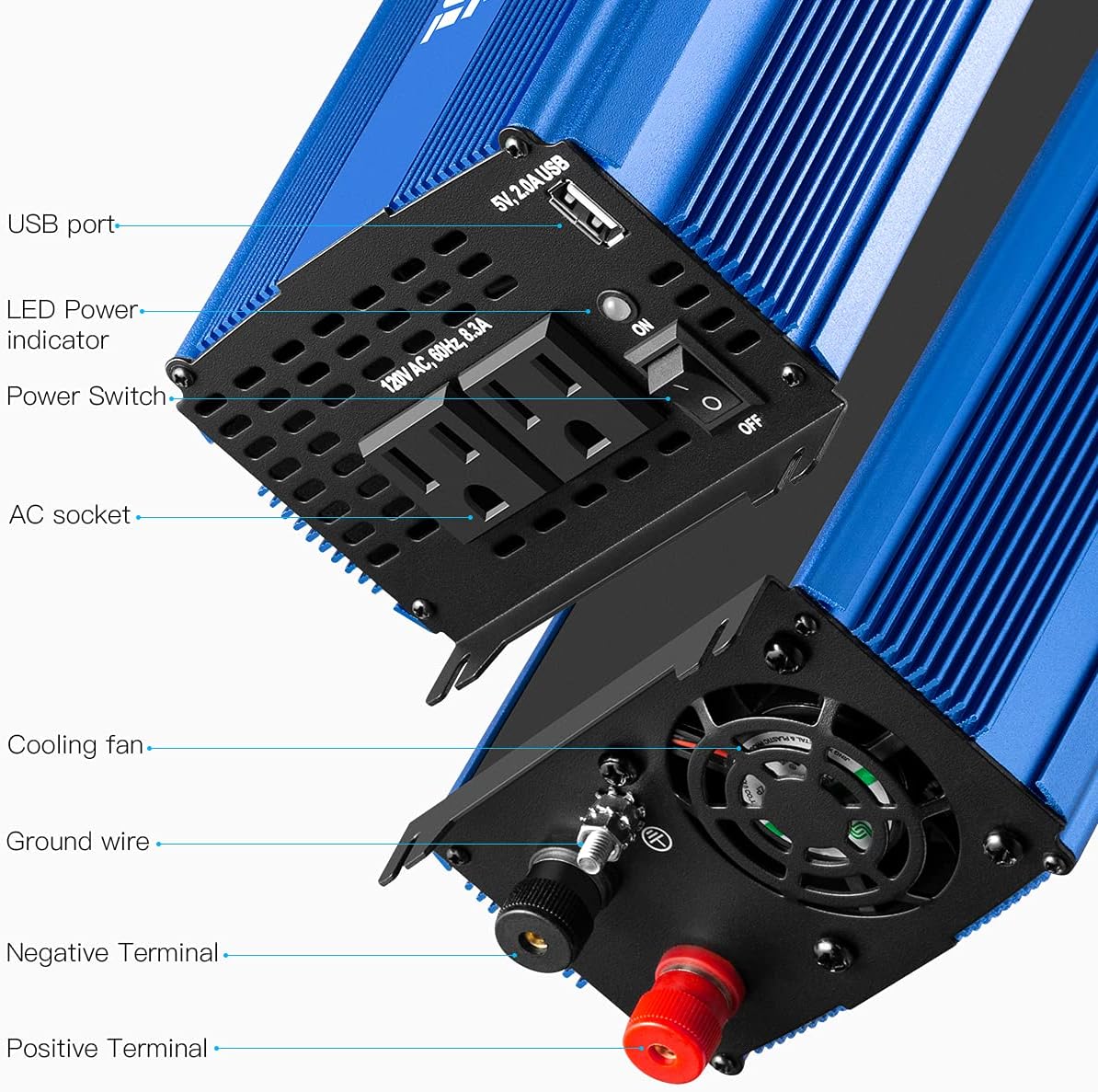 3000W Pure Sine Wave Power Inverter 12V DC to 110V AC Car Inverter with Bluetooth 4 AC Outlets 2 USB Ports J452