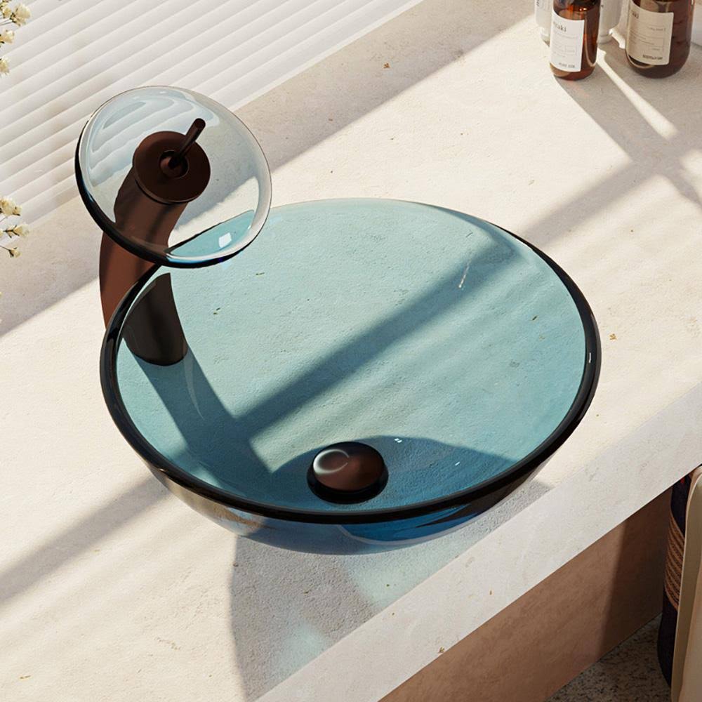Colored Glass Vessel Sink with Oil Rubbed Bronze Waterfall Faucet M93276