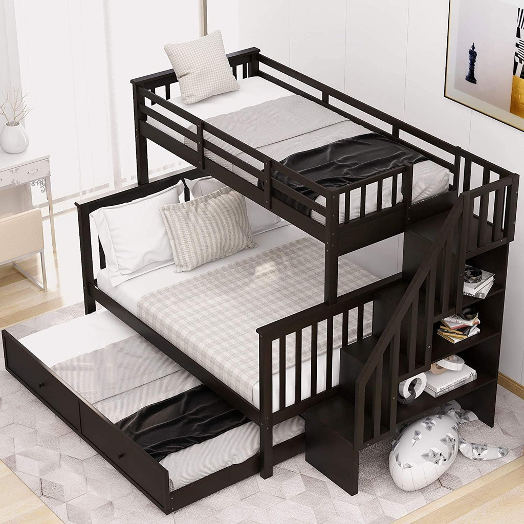 Twin-Over-Twin Solid Pine Wood Bunk Bed with Trundle and 4 Storage Drawers G97432