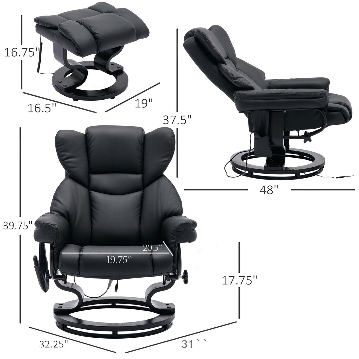 Black PU Massage Recliner Office Chair with Ottoman P539807