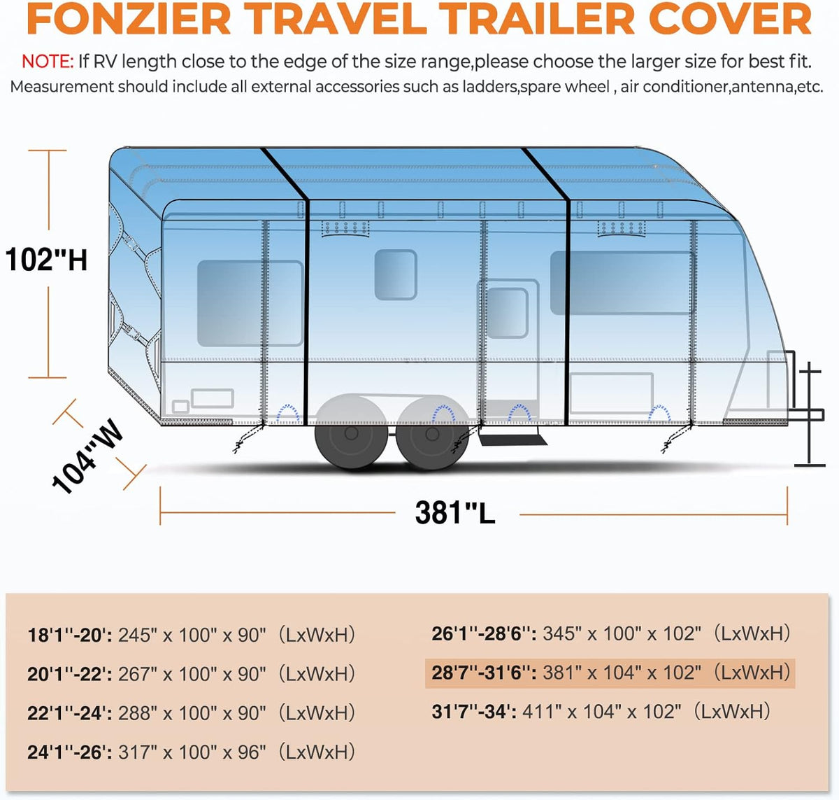 Heavy Duty 5 Layers Anti-UV Travel Trailer Cover E907