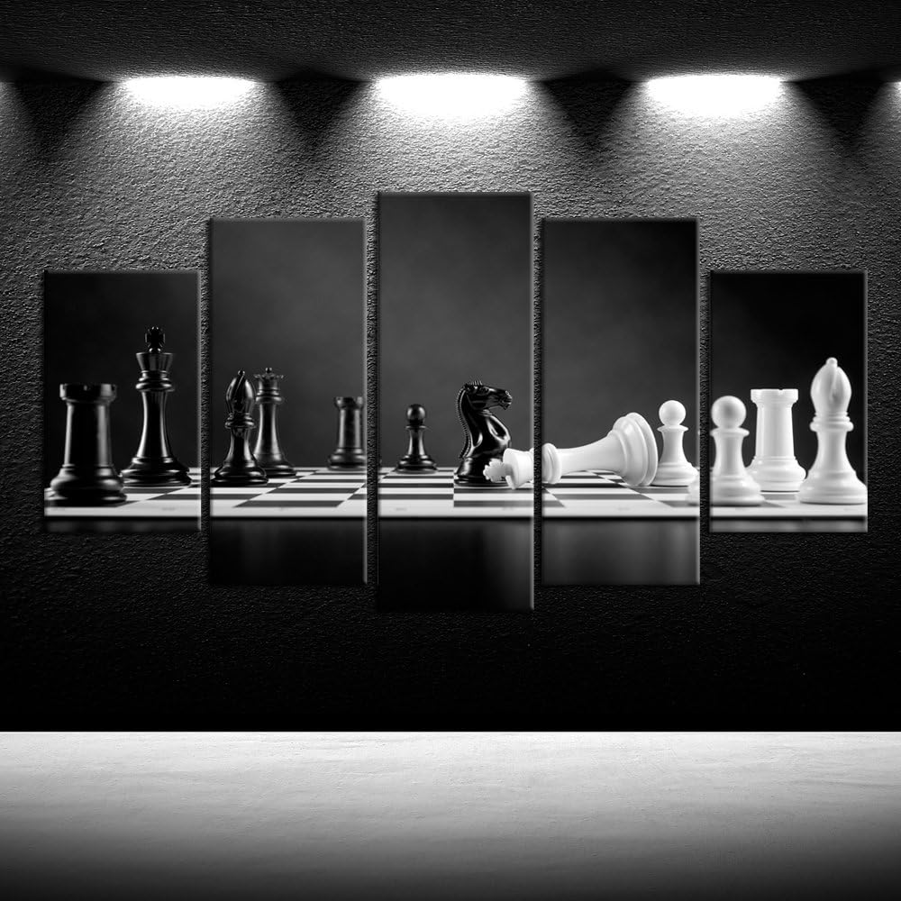 5 Piece Black and White Chess Canvas Wall Art Prints Framed Giclee O7441