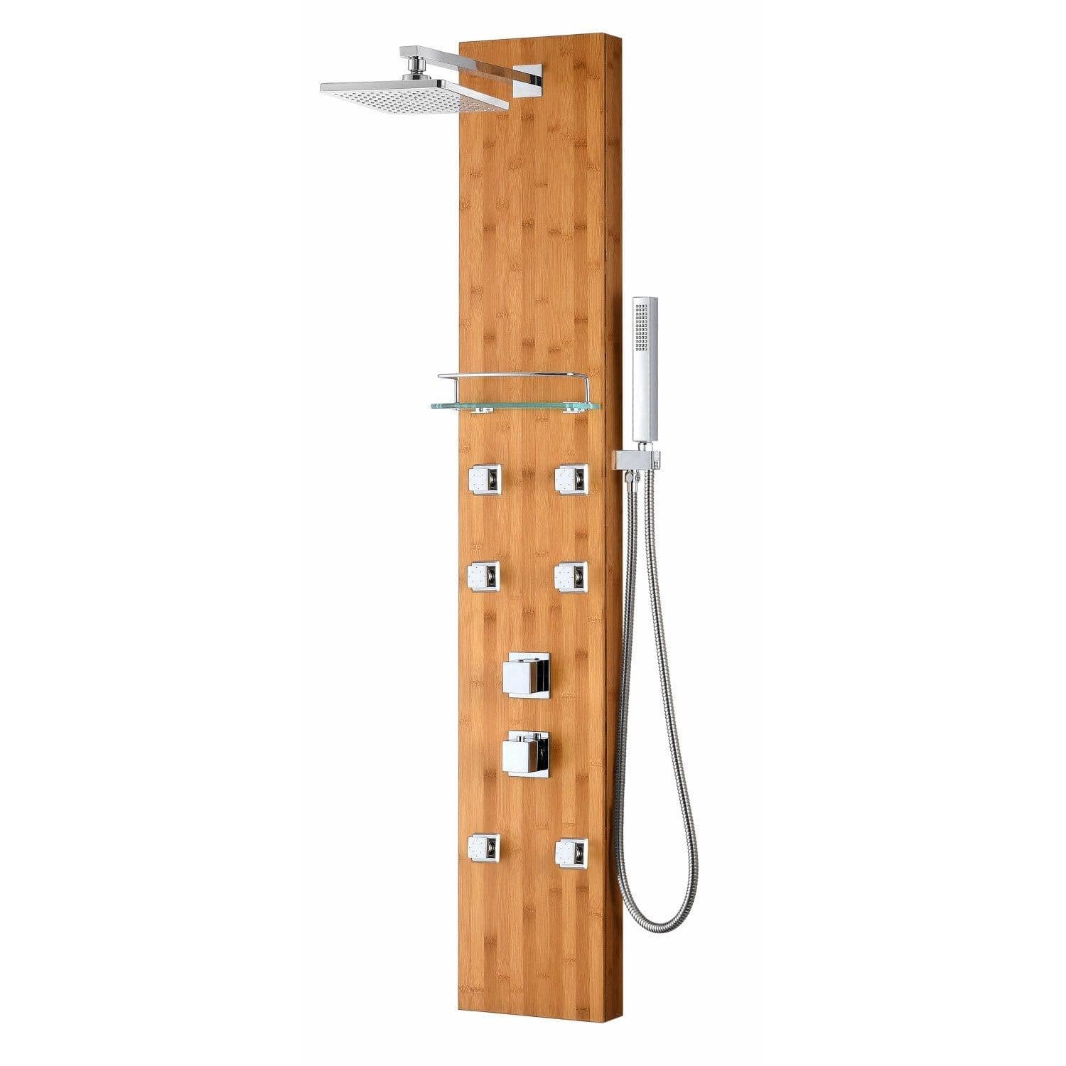 Full Body Shower Panel with Heavy Rain Shower and Spray Wand in Natural Bamboo H316921