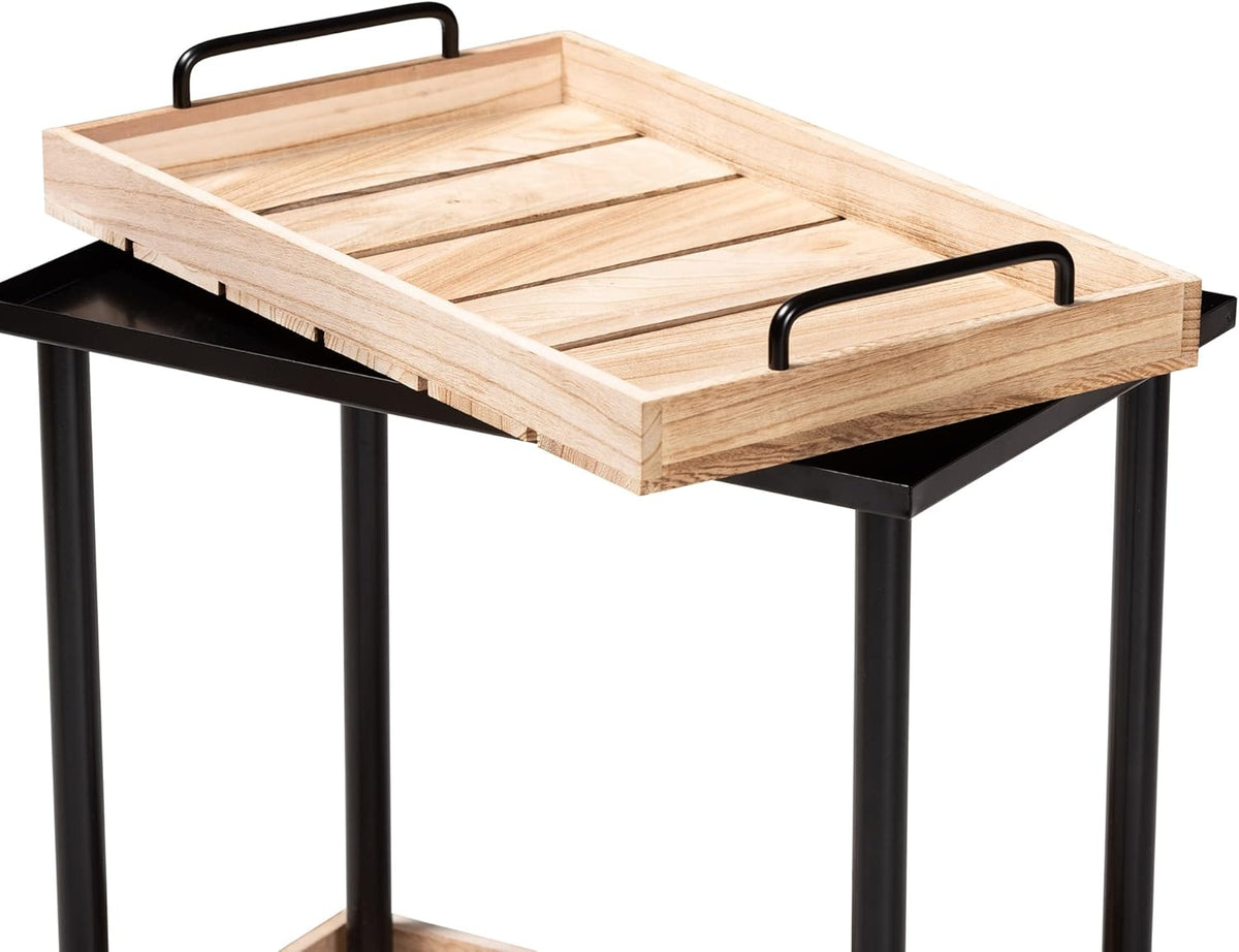 Oak Brown Finished Wood and Black Metal Kitchen Cart Q148