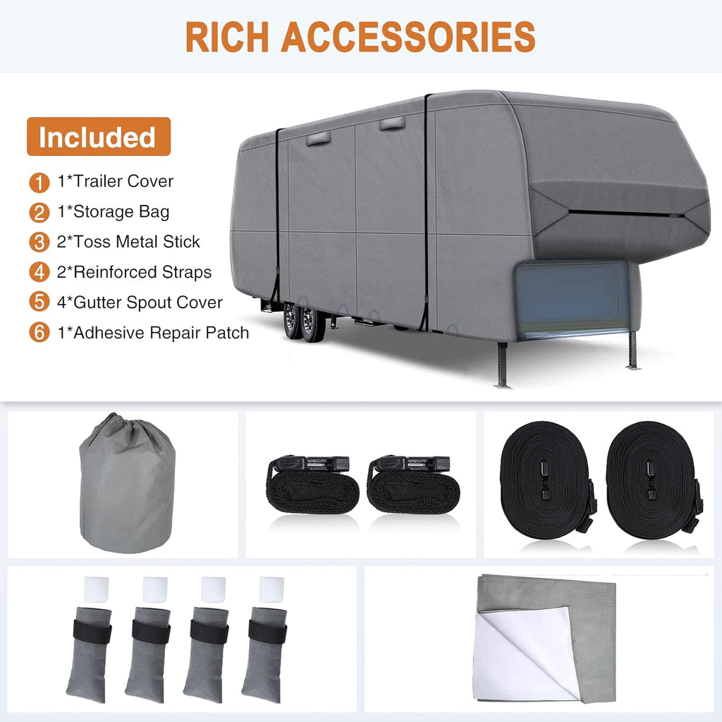 6 Layers Top 5th Wheel RV Cover Anti-UV Camper Cover Breathable Rip-Stop with 2Pcs Extra Straps & Gutter Spout Covers F94043
