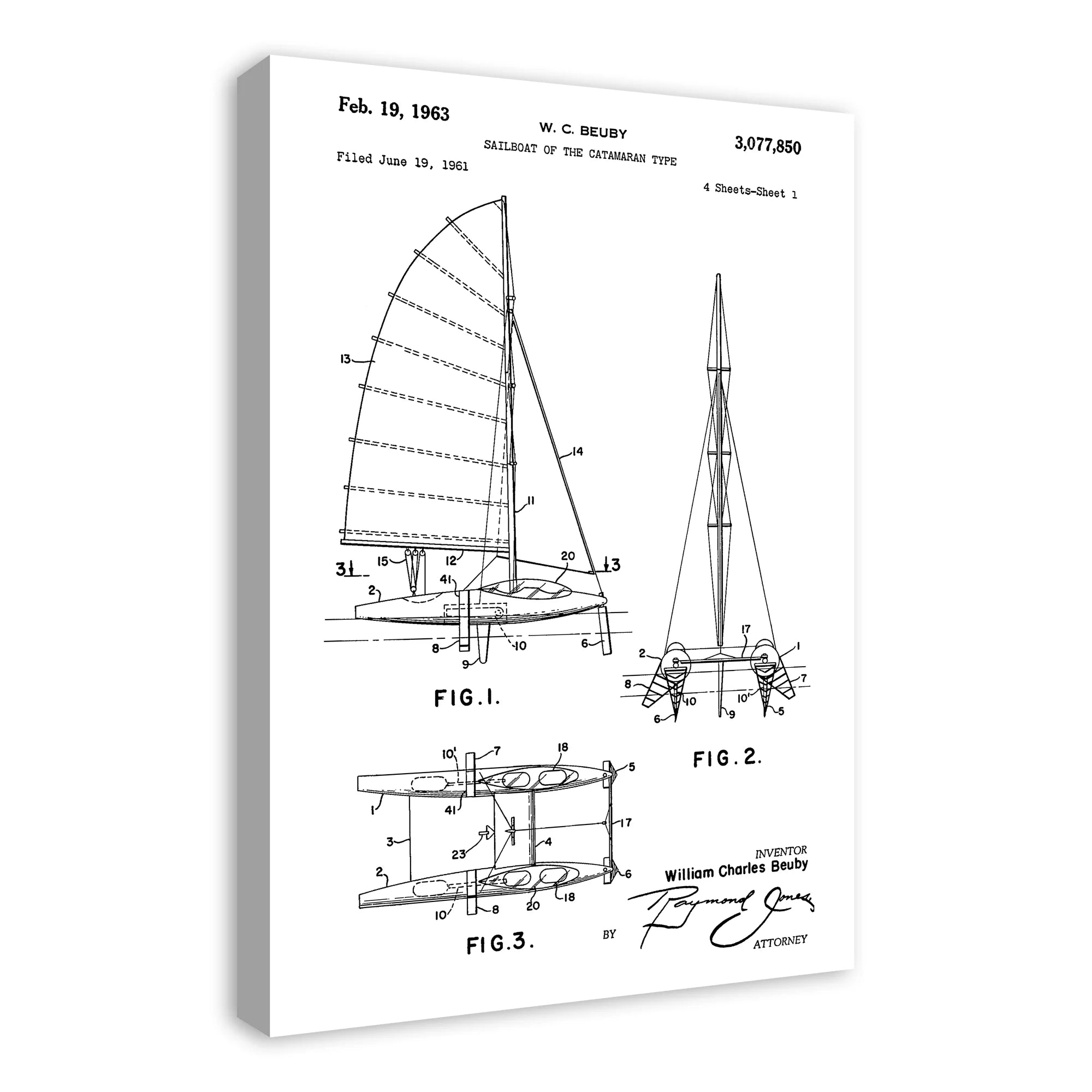 Vintage Sailboat Catamaran Patent Canvas Wall Art B362405