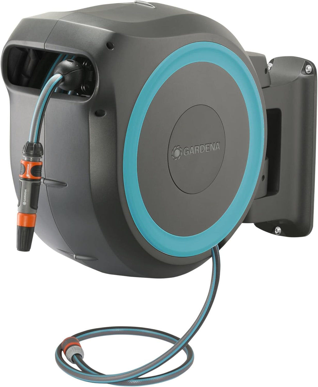 Black and Turquoise Wall Mounted Retractable Hose Reel, 115 feet F9340