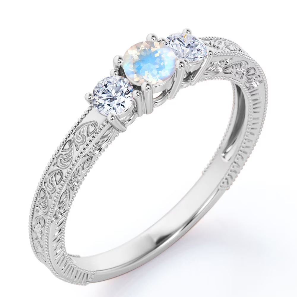 18K White Gold Plated Rainbow Moonstone and Moissanite Engagement Ring F77014