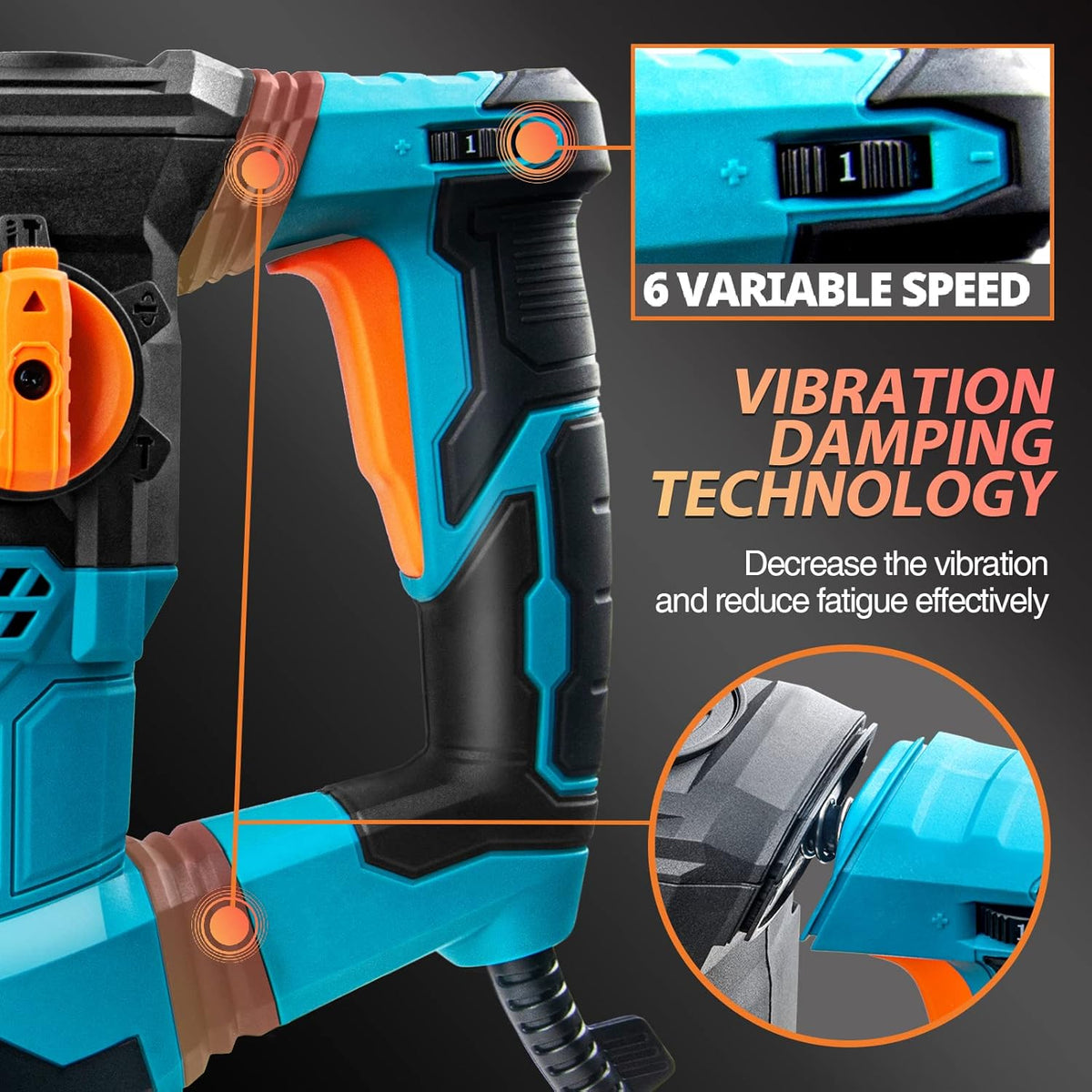 Rotary Hammer Drill with Flat Chisel, Point Chisel and 3 Drill Bits Included G7421