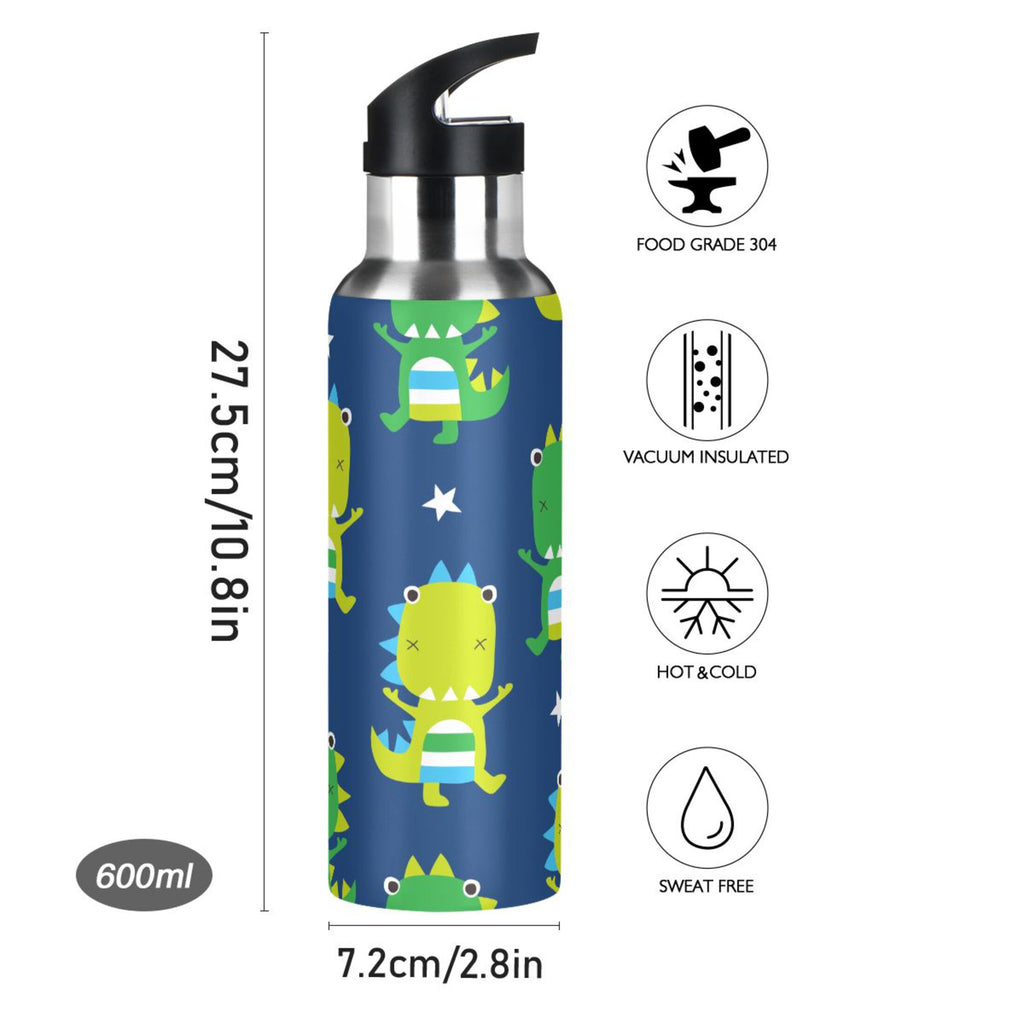 Green Dinosaur Blue Stainless Steel Insulated Water Bottle with Straw Lid U263523