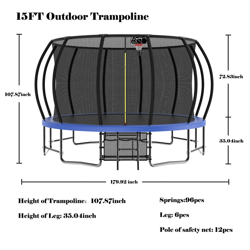 15FT Trampoline with Basketball Hoop, Blue, with Enclosure Net & Ladder K6289