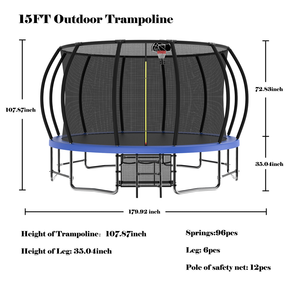 15FT Trampoline with Basketball Hoop, Blue, with Enclosure Net & Ladder K6289