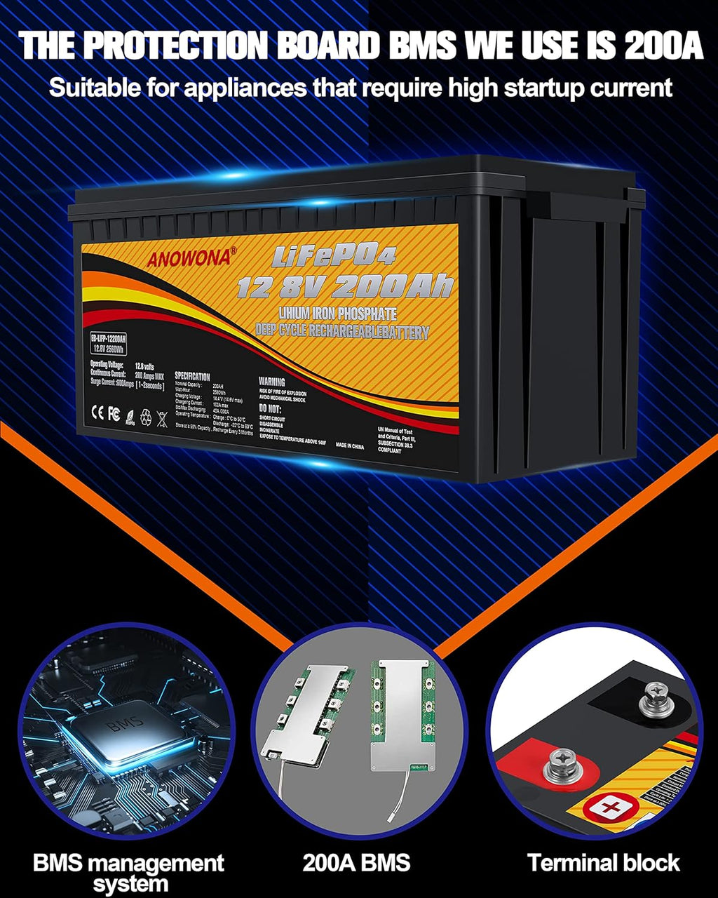 12.8V 200Ah LiFePO4 Deep Cycle Battery with 100A BMS U599