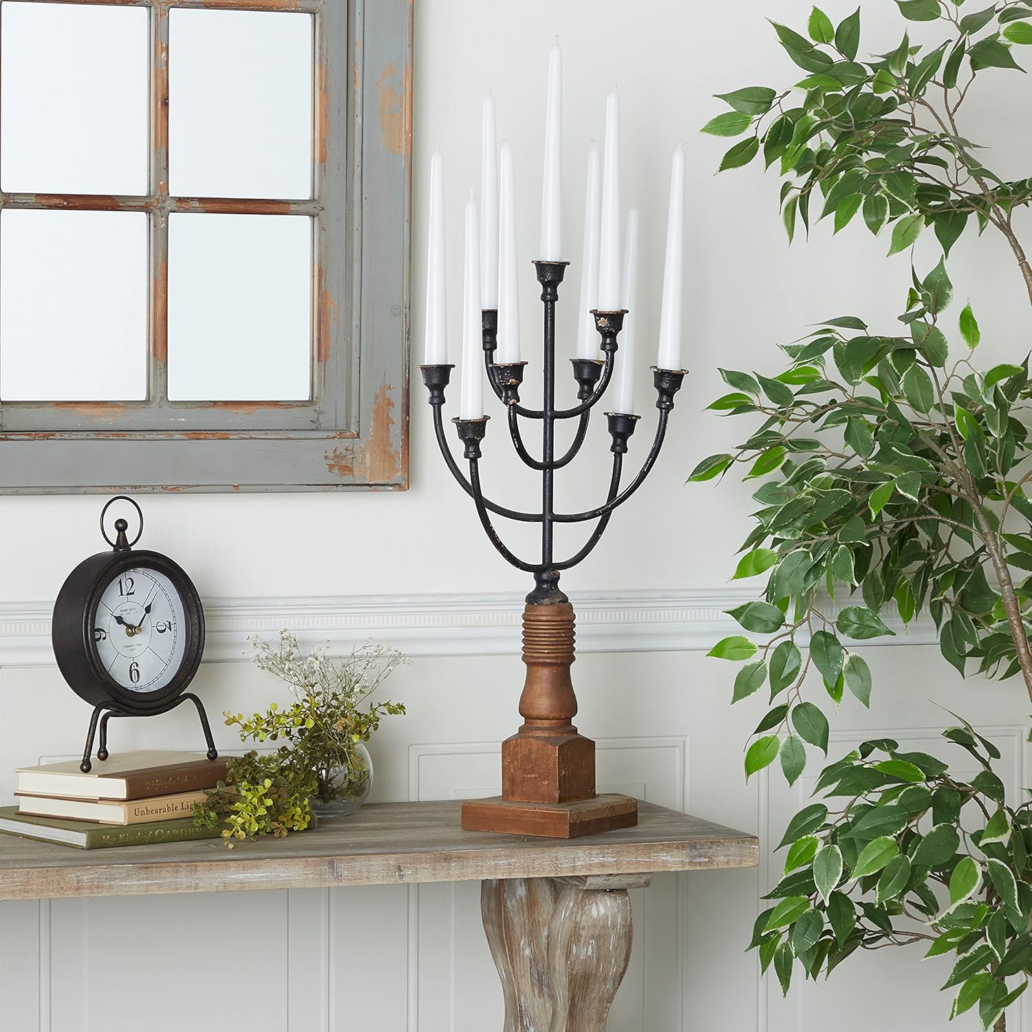 White Iron Candelabra Holds 10 Pillar Candle Holders W24137