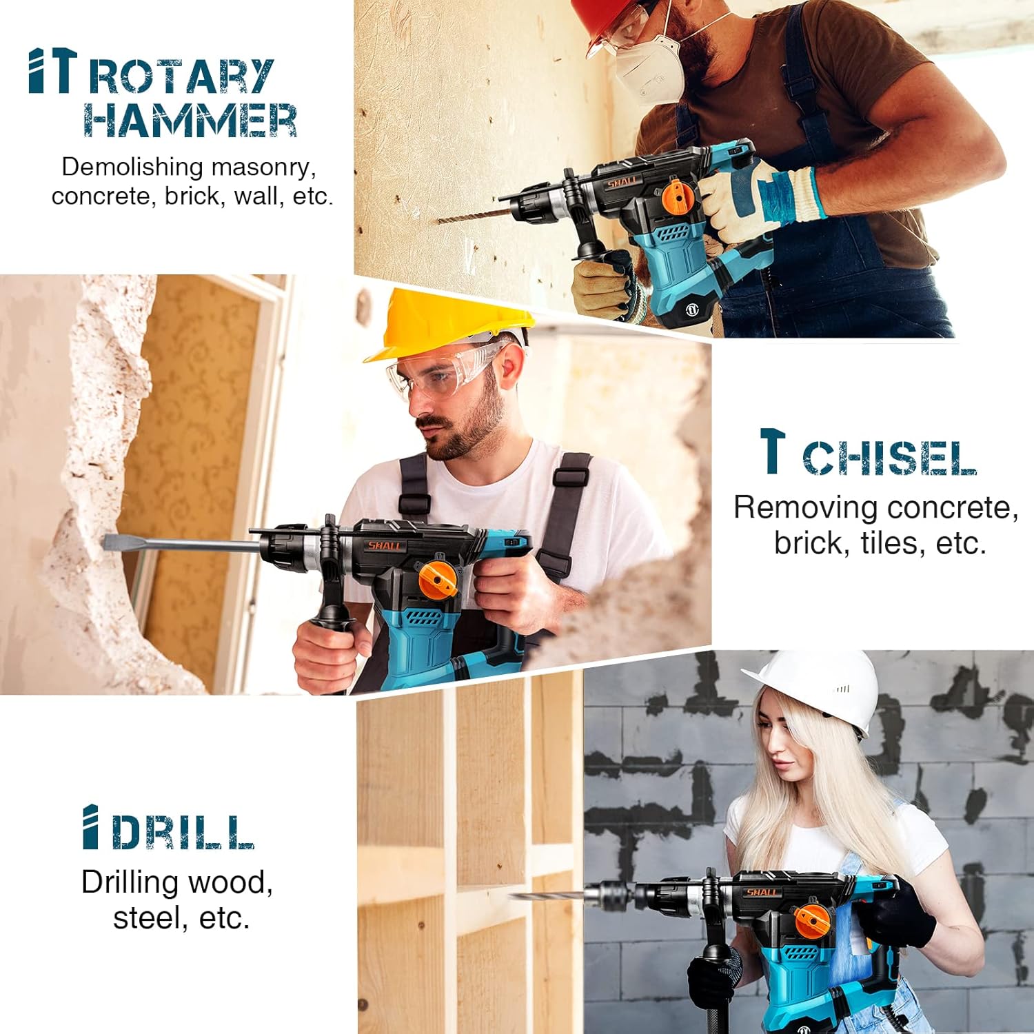 Rotary Hammer Drill with Flat Chisel, Point Chisel and 3 Drill Bits Included G7421