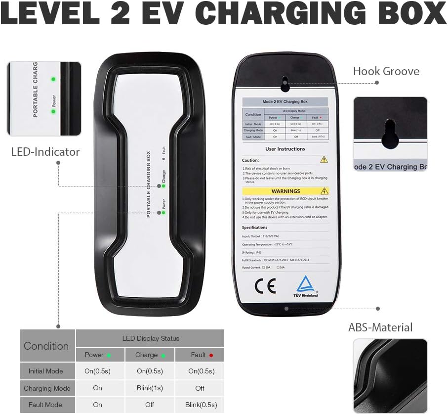 16A Portable EV Charger with NEMA 6-20P Adapter, 100V-240V, SAE J1772 Plug 8m H93826