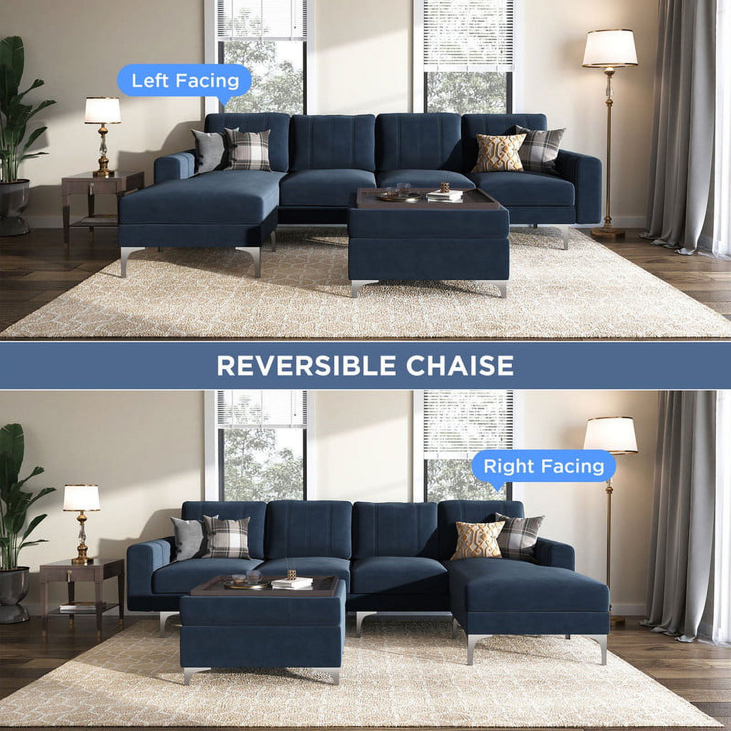 Dark Blue Velvet Convertible Sectional Sofa with Storage Ottoman Q4985
