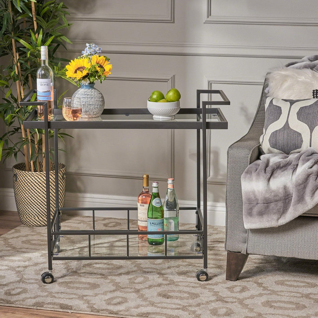 Black Industrial Iron Bar Cart with Tempered Glass Shelves F94274