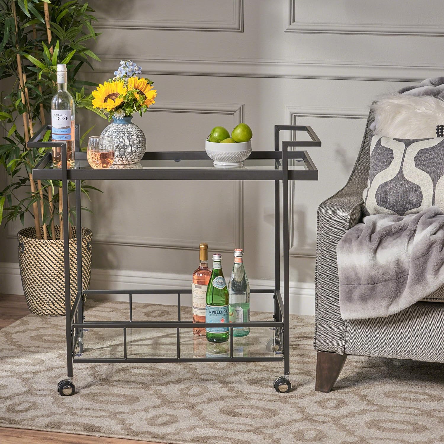 Black Industrial Iron Bar Cart with Tempered Glass Shelves F94274