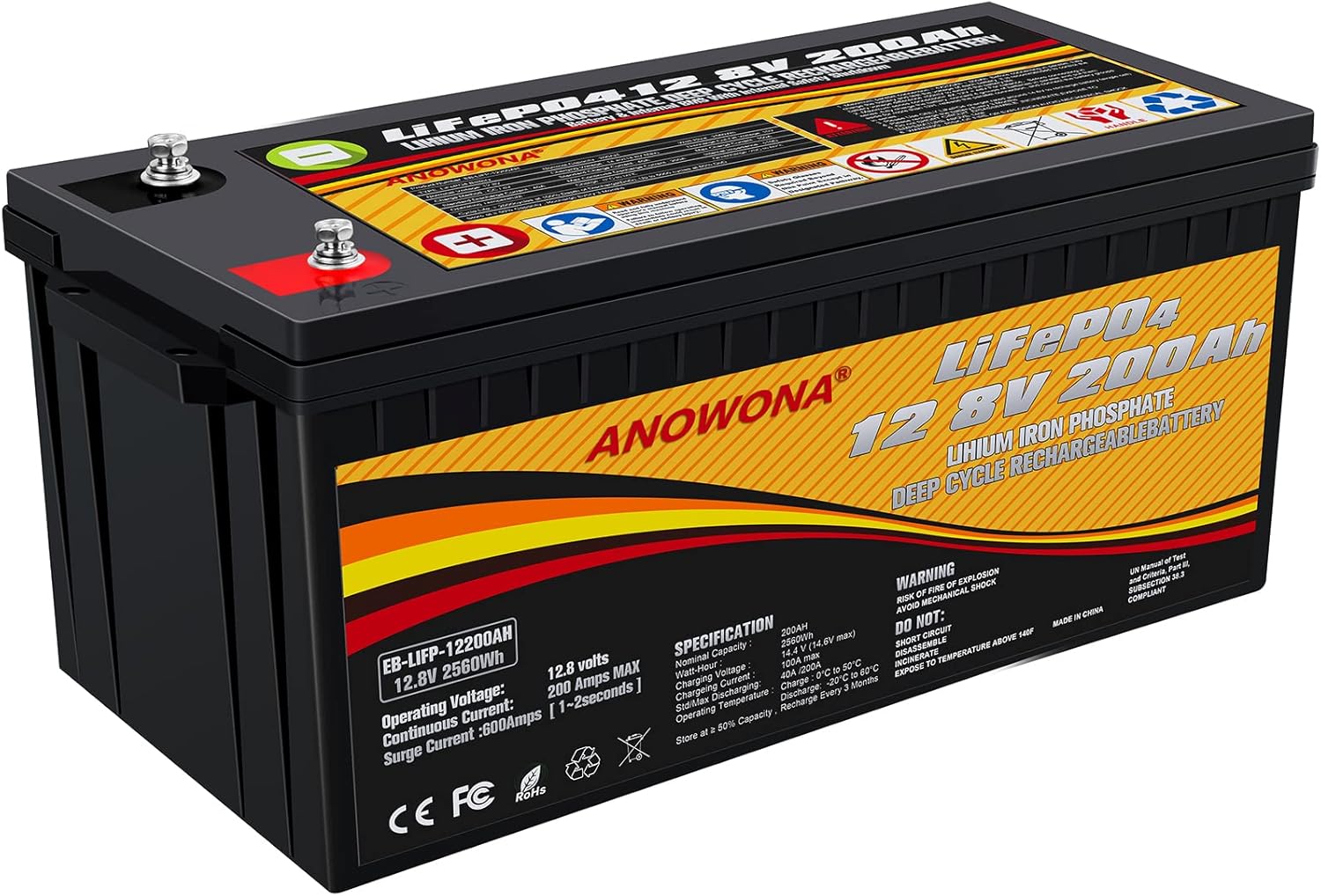 12.8V 200Ah LiFePO4 Deep Cycle Battery with 100A BMS U599