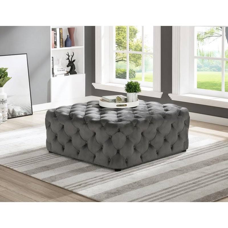 Beige Linen Square Tufted Ottoman R38078