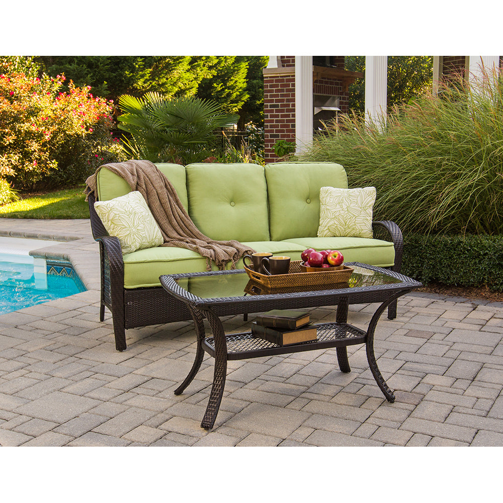 2-Piece Steel Outdoor Patio Deep Seating Set with Brown Wicker, Sofa, Avocado Green Cushions, 2 Pillows and Glass Top Rectangular Coffee Table S21460