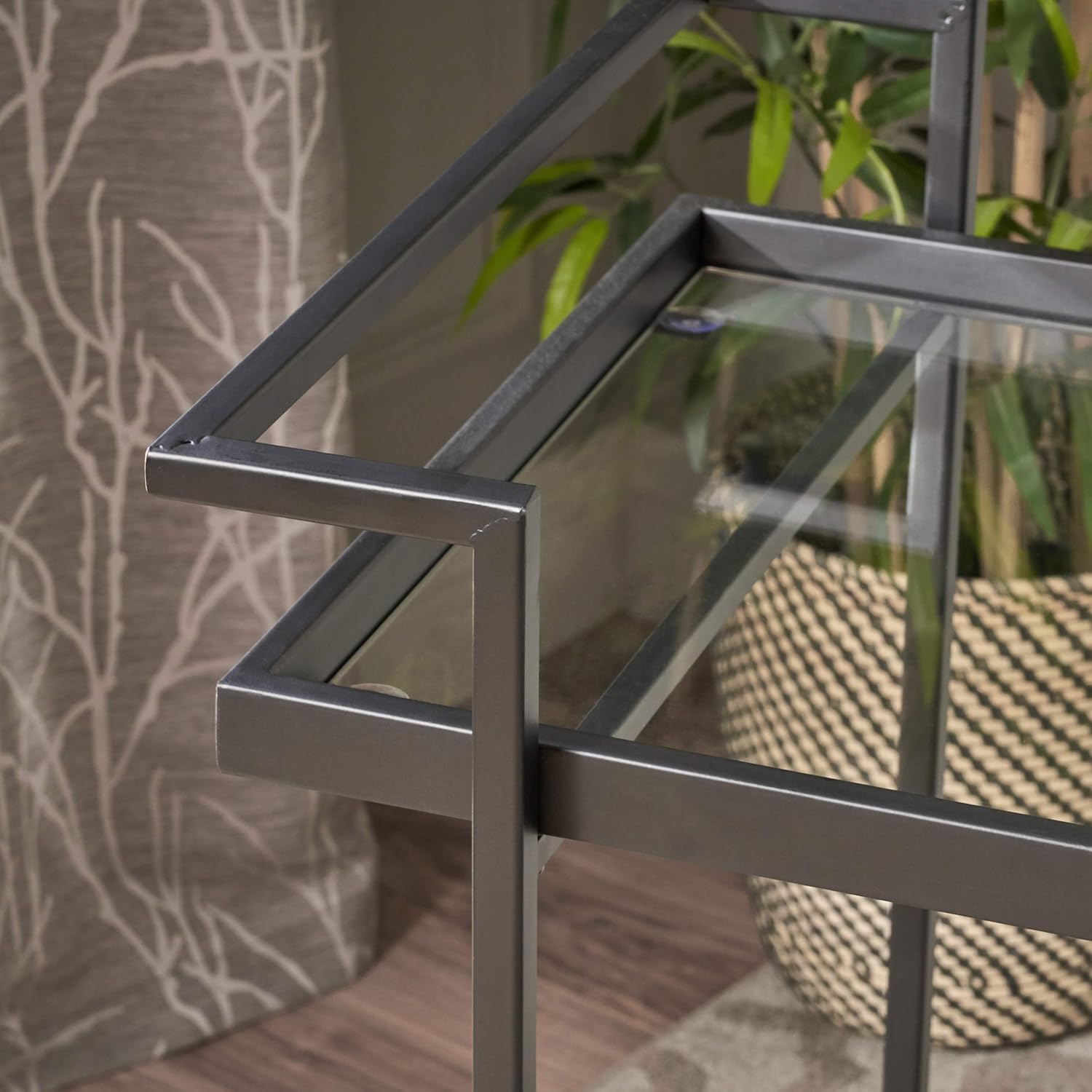 Black Industrial Iron Bar Cart with Tempered Glass Shelves F94274