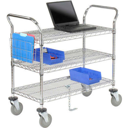 Utility Cart, 3 Shelf, Chrome, Polyurethane Casters T421763