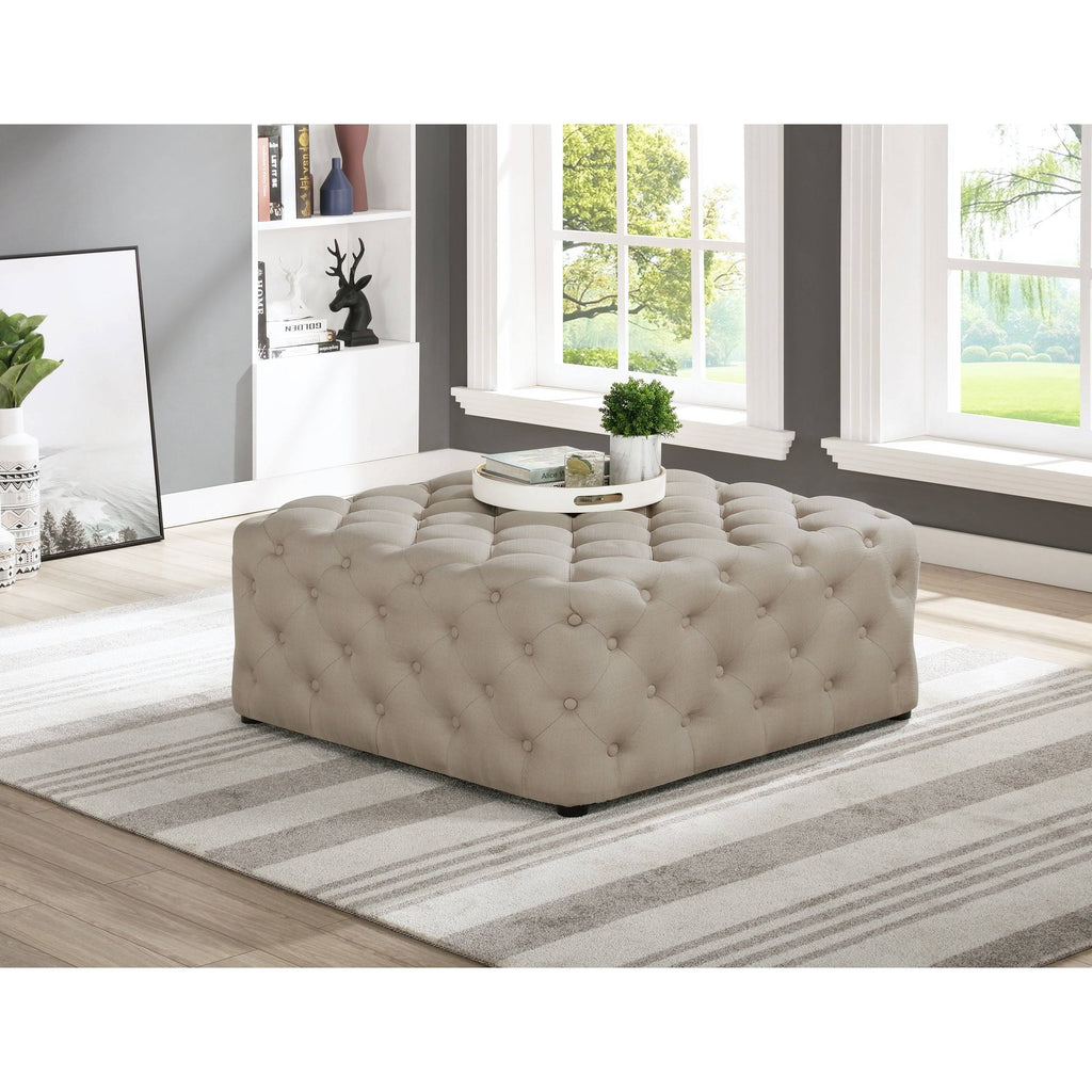 Beige Linen Square Tufted Ottoman R38078