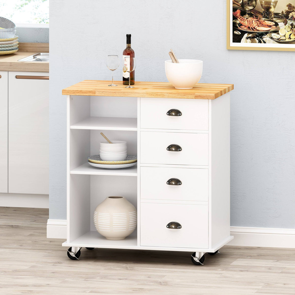 Gray/Natural Kitchen Cart with Wheels D338