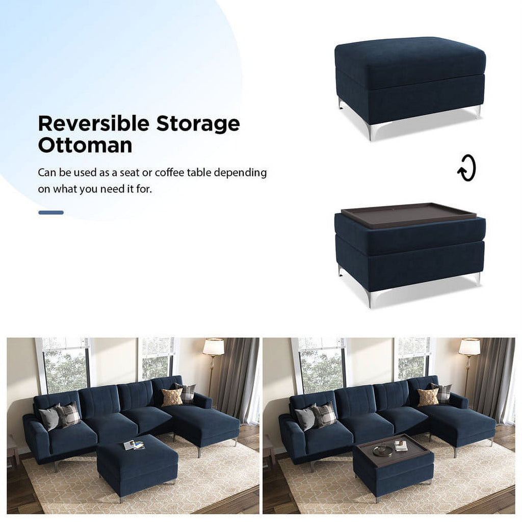 Dark Blue Velvet Convertible Sectional Sofa with Storage Ottoman Q4985