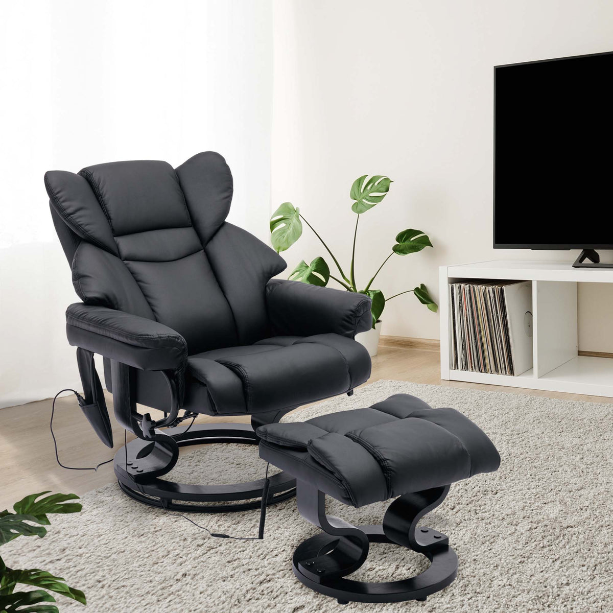 Black PU Massage Recliner Office Chair with Ottoman P539807