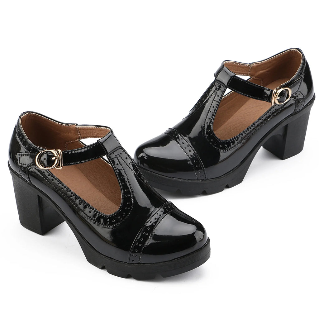 Black Patent Leather T-Strap Platform Mary Jane Pumps S7220