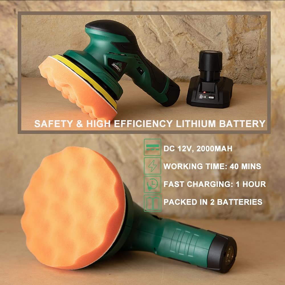 Cordless Car Buffer Polisher with 2pcs 12V Lithium Rechargeable Battery Brushless Polisher M4306