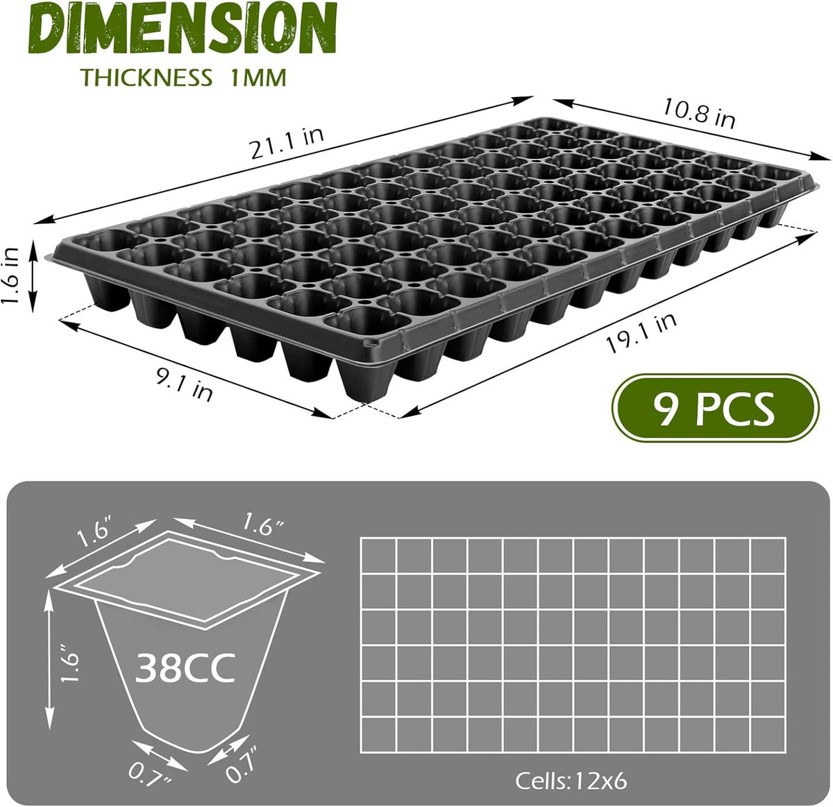 18 Pcs Seed Starter Tray with Base Tray, 72 Cells, No Drain Holes, Pack of 2 Z724548