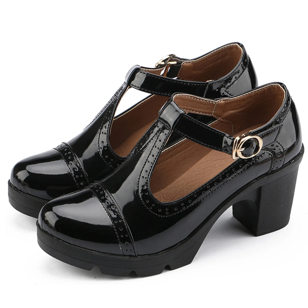 Black Patent Leather T-Strap Platform Mary Jane Pumps S7220