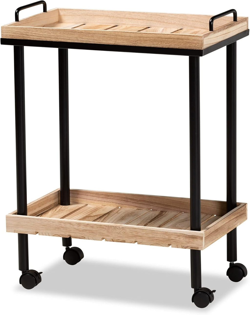 Oak Brown Finished Wood and Black Metal Kitchen Cart Q148