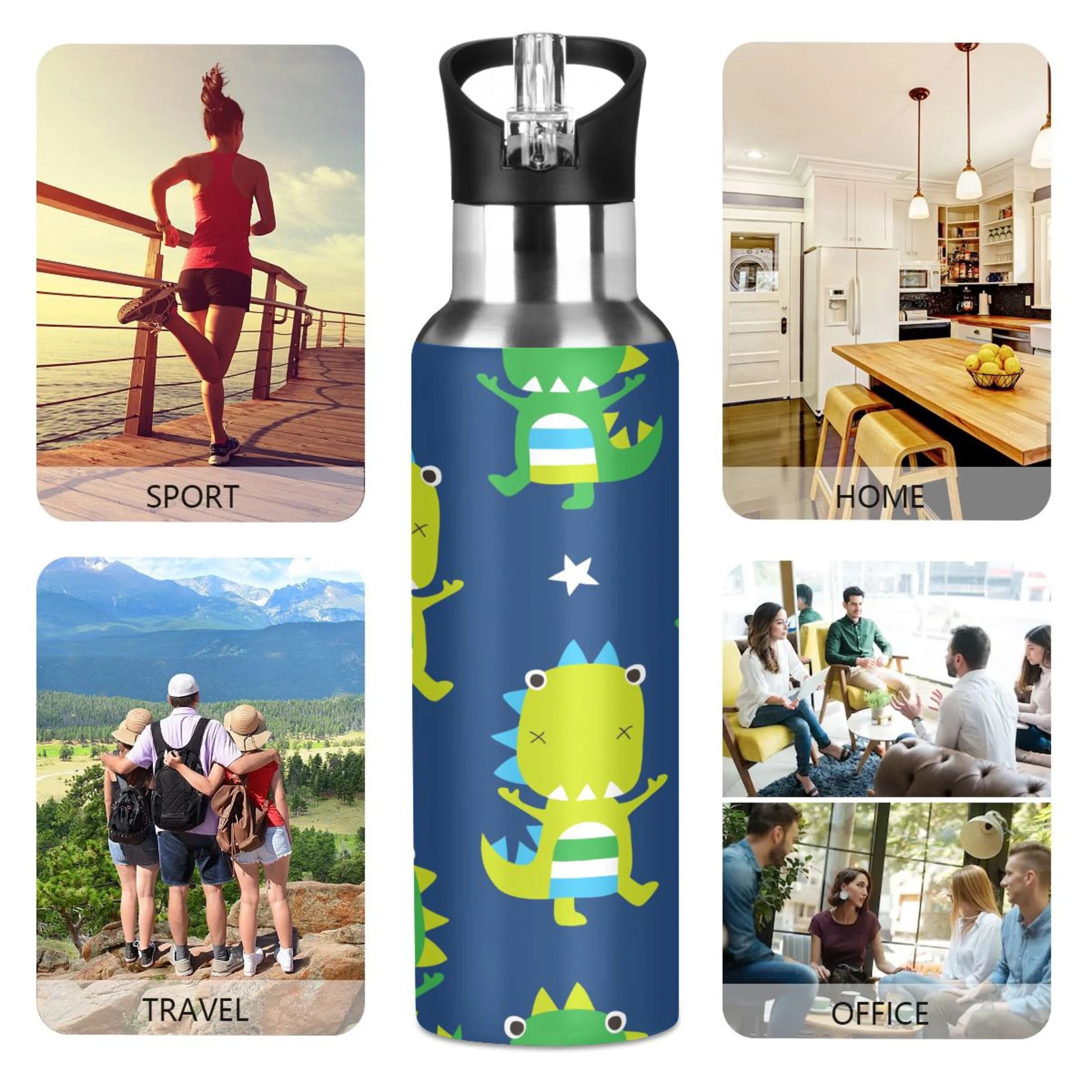 Green Dinosaur Blue Stainless Steel Insulated Water Bottle with Straw Lid U263523