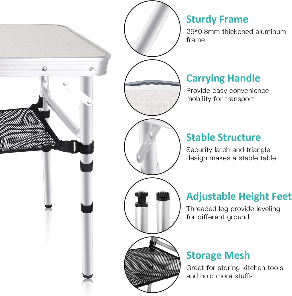 Folding Camping Table with Storage, Height Adjustable Aluminum Camp Table K573