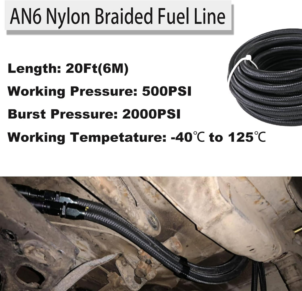 6AN 20Ft Braided Nylon Stainless Steel Fuel Line Hose Fitting Kit 10pcs B655736