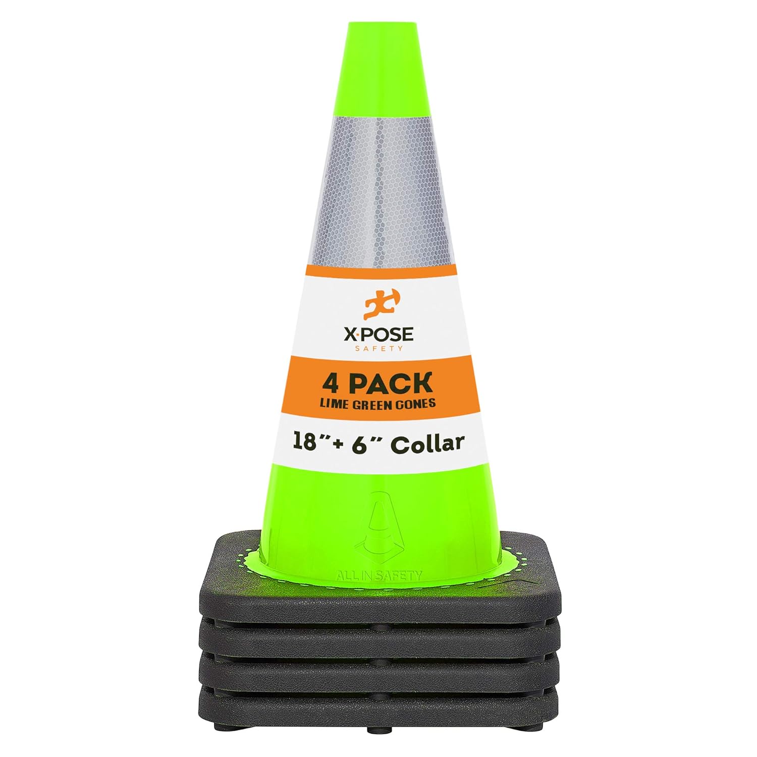 Lime Green PVC Traffic Cone with Reflective Collar, 4 Pack V566991