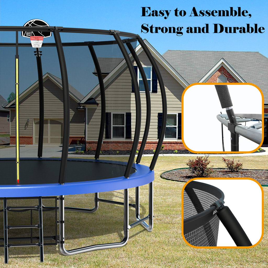 15FT Trampoline with Basketball Hoop, Blue, with Enclosure Net & Ladder K6289