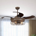 Weathered Oak Wood Retractable Ceiling Fan with Lights and Remote Control V707