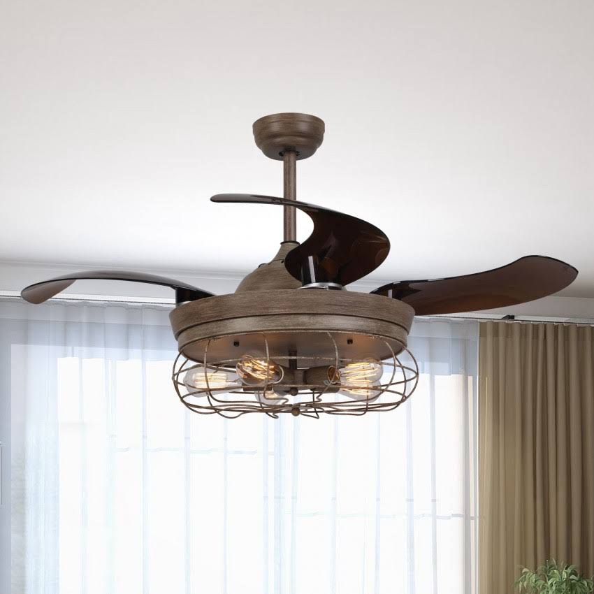 Weathered Oak Wood Retractable Ceiling Fan with Lights and Remote Control V707