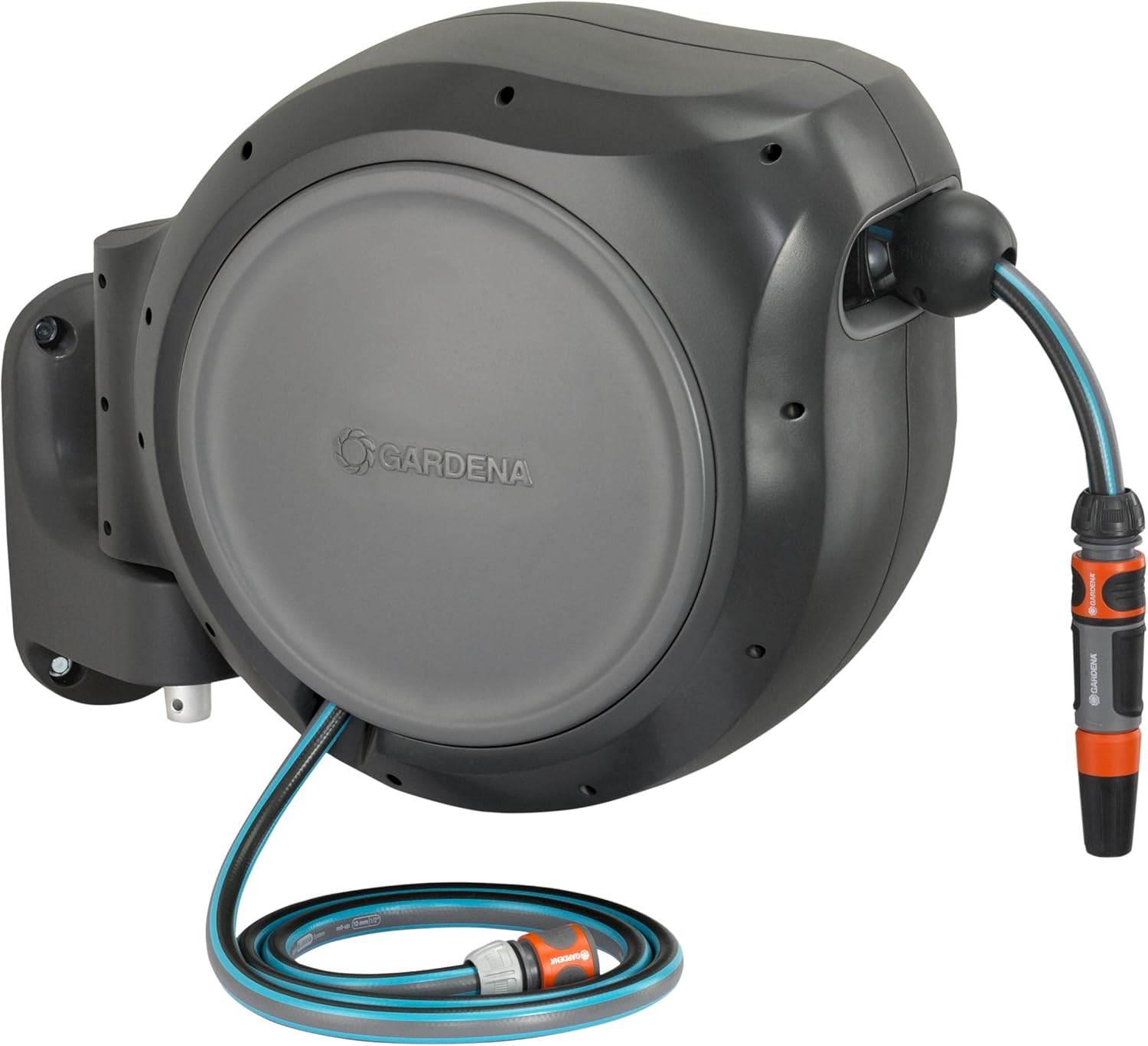 Black and Turquoise Wall Mounted Retractable Hose Reel, 115 feet F9340