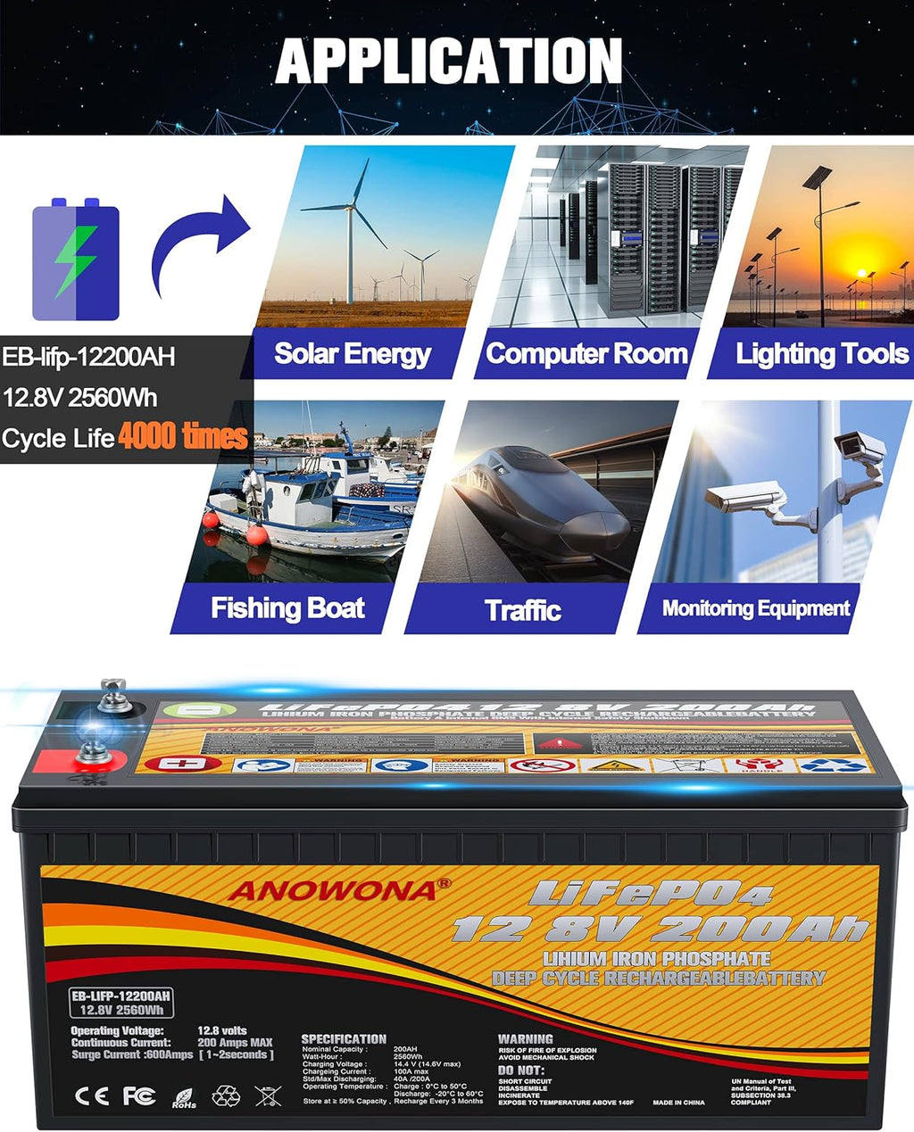 12.8V 200Ah LiFePO4 Deep Cycle Battery with 100A BMS U599