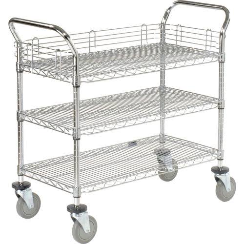 Utility Cart, 3 Shelf, Chrome, Polyurethane Casters T421763