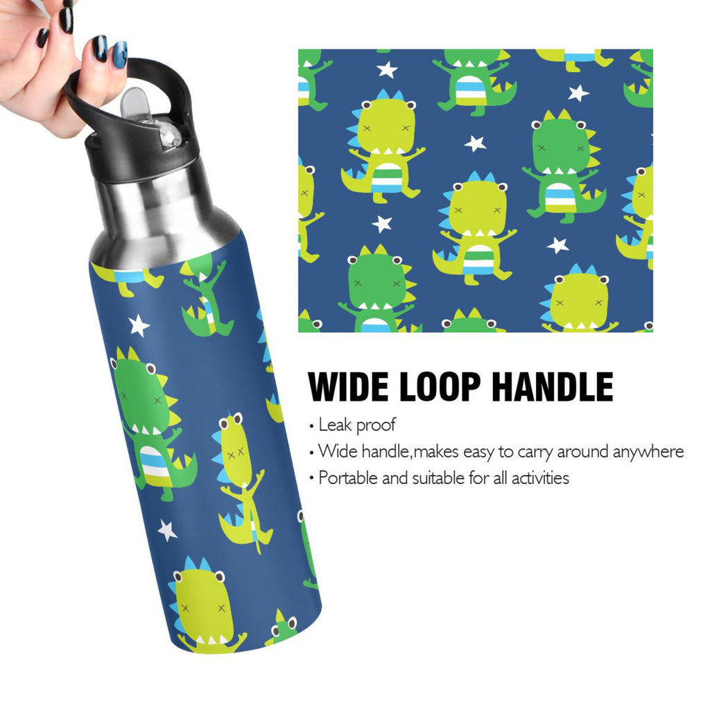 Green Dinosaur Blue Stainless Steel Insulated Water Bottle with Straw Lid U263523