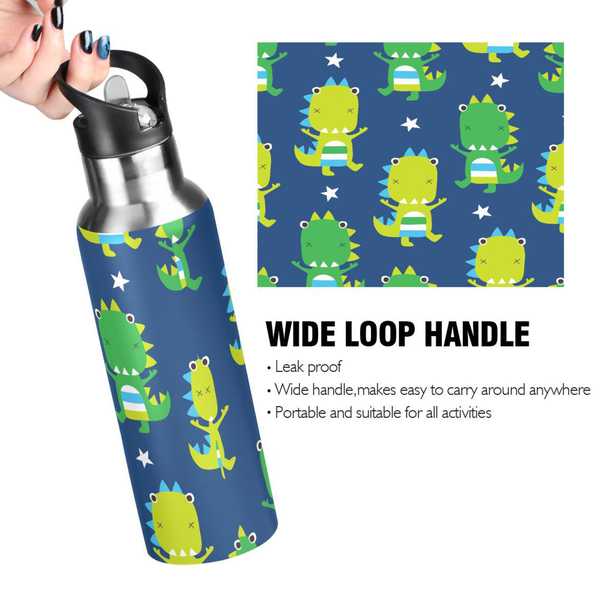 Green Dinosaur Blue Stainless Steel Insulated Water Bottle with Straw Lid U263523