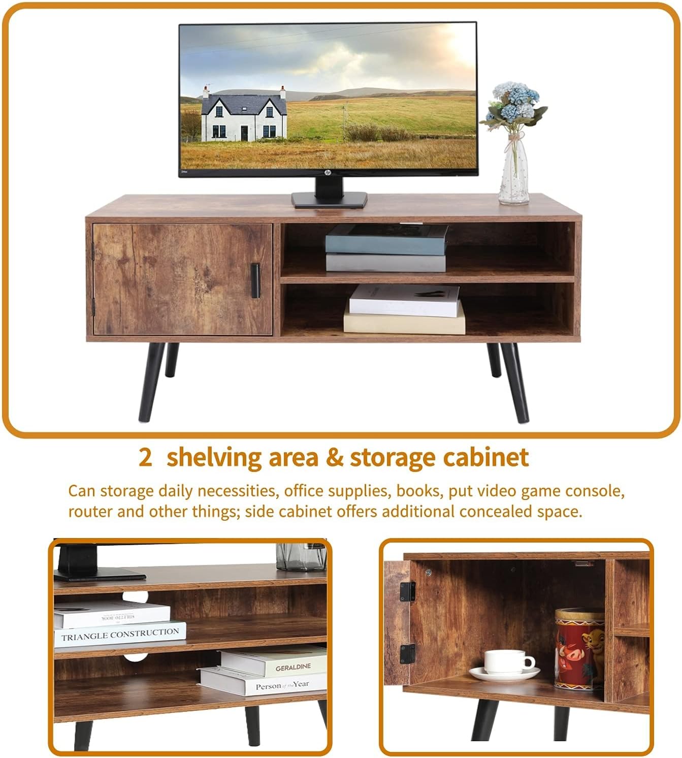 Rustic Brown TV Stand with Open Storage Shelves and Cabinet K64657
